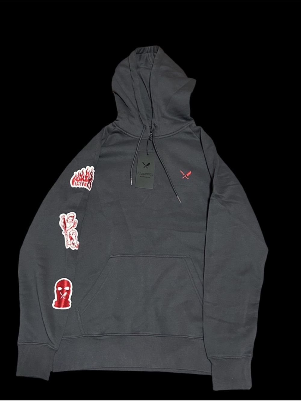 Distorted People Tattoo PatchMen's Black Graphic Hoodie Sweatshirt - Red Accents